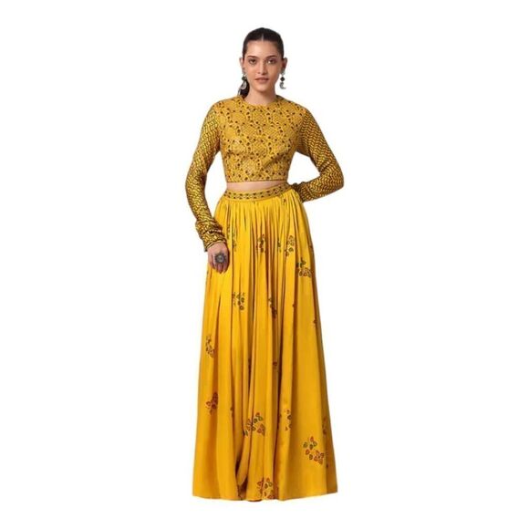 Kalki Fashion Traditional Skirt Set in mustard yellow with gold print - Picture 1 of 16